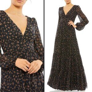 NWT Mac Duggal 55431 Black Floral Tiered Peasant Gown Size 4